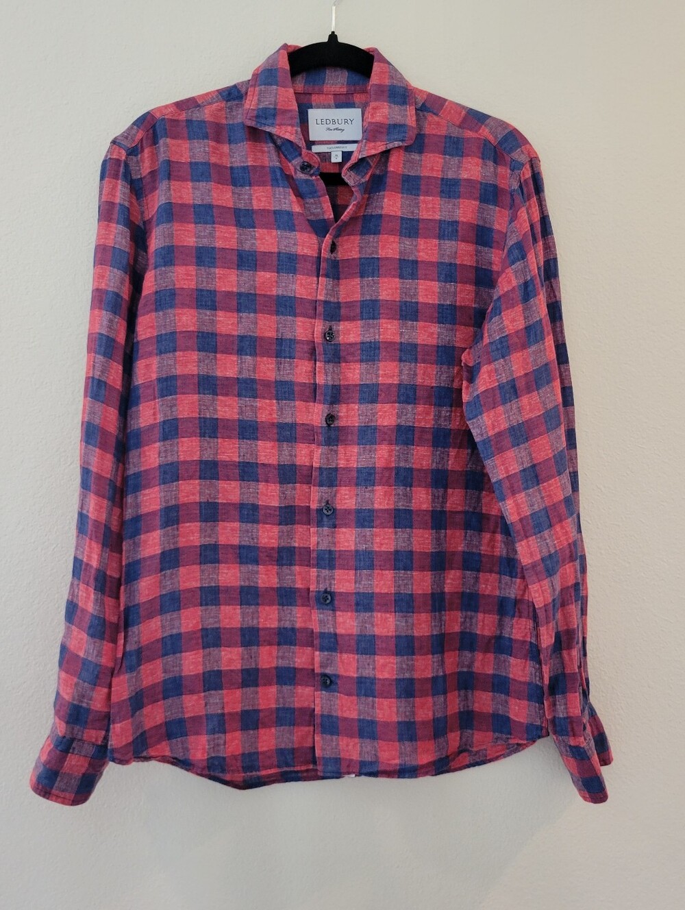 Ledbury Men’s Red and Blue Check Long Sleeve Button-Up Linen Shirt 15 Small.